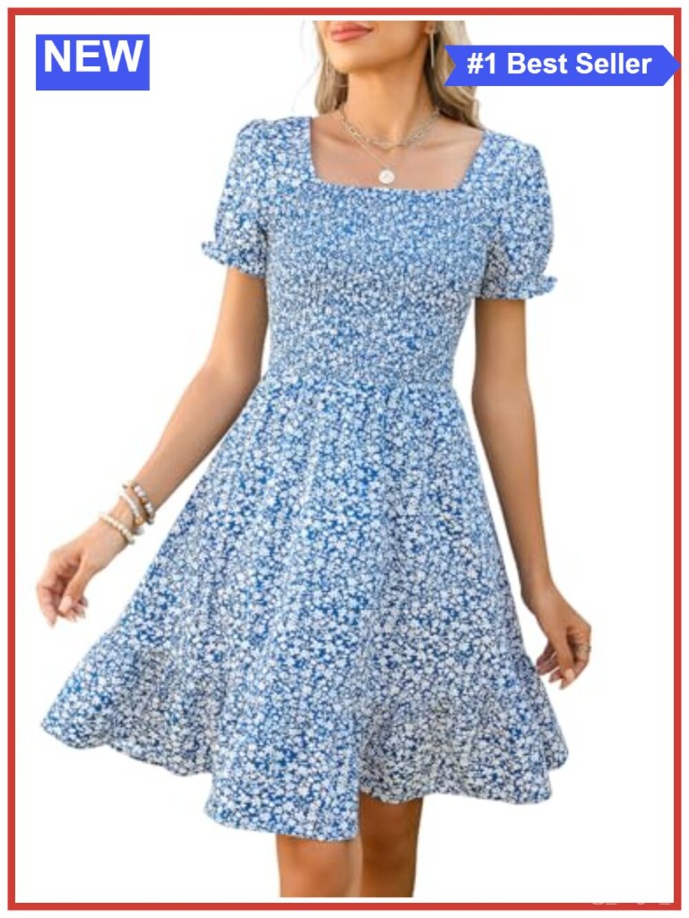 Lyrur Women's Floral Square Neck Smocked Knee Length Summer Dress